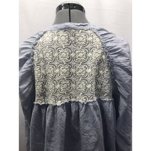 Umgee Blue Striped Button Down Shirt Size Small S Tunic with Lace Detail - Picture 7 of 12